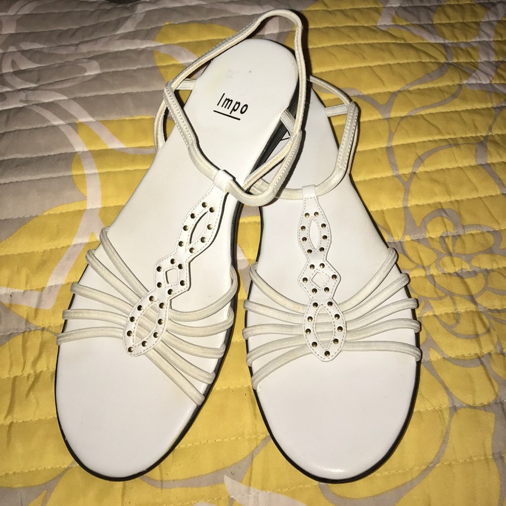 IMPO White Strappy Flat Sandals with Gold Studs